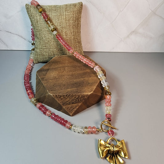 Cherry Quartz Necklace With Gold Bow Pendant