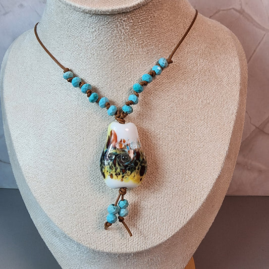 Antique Desert Lampwork Pendant With Magnesite Necklace