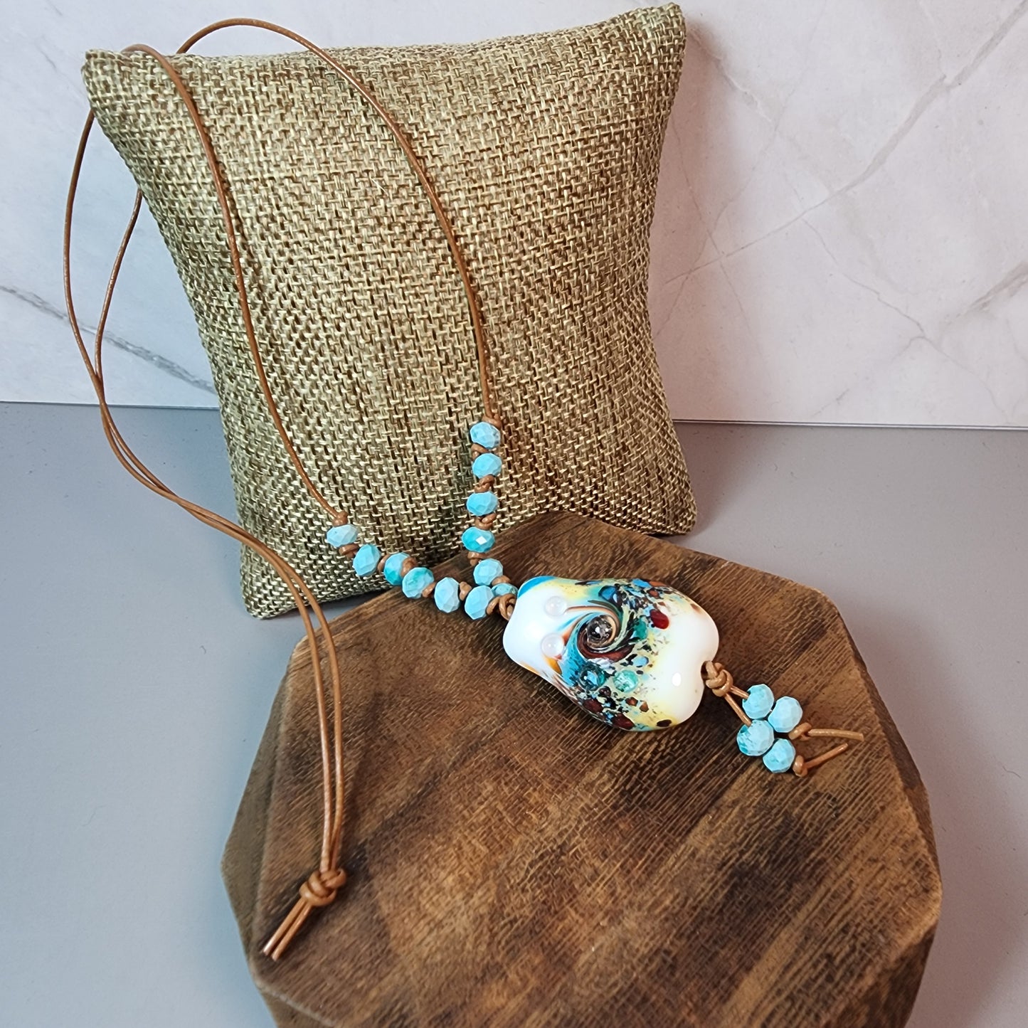 Antique Desert Lampwork Pendant With Magnesite Necklace