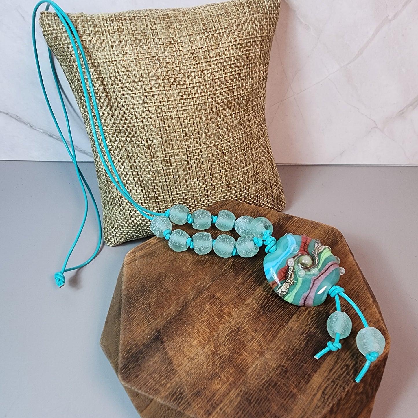 Aqua Swirl Lampwork And Glass Bead Necklace