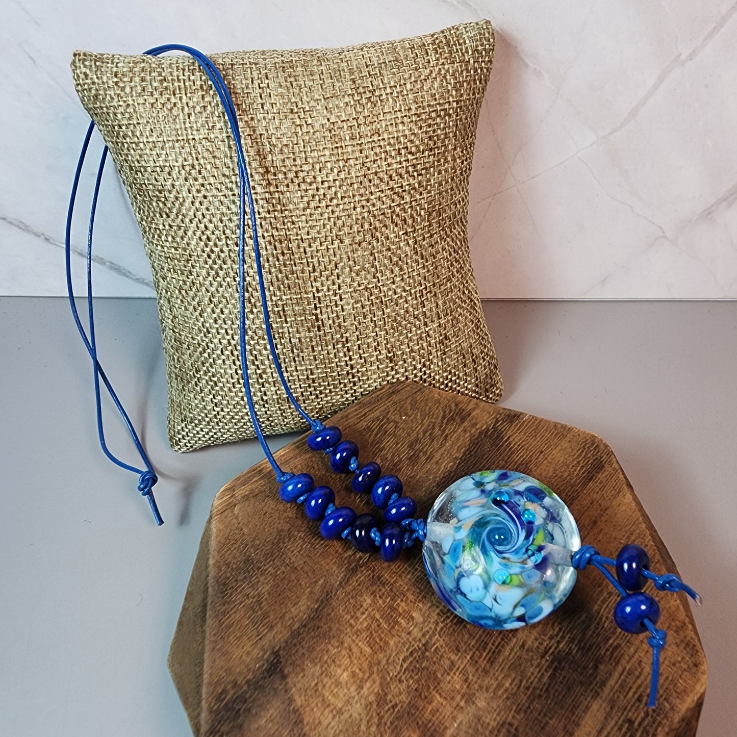 Blue Swirl Lampwork Pendant With Lapis Necklace