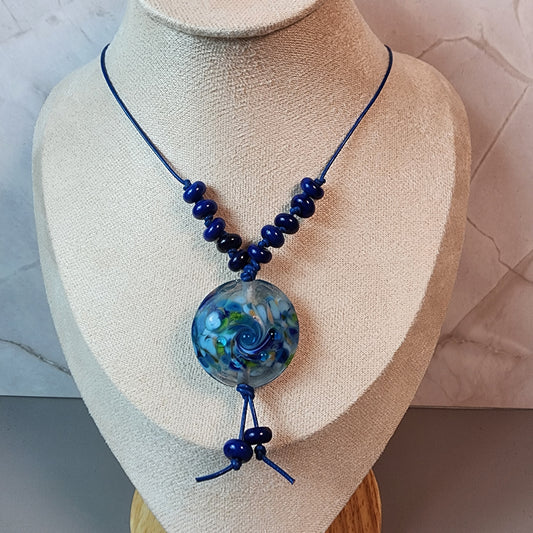 Blue Swirl Lampwork Pendant With Lapis Necklace