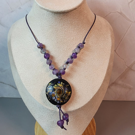 Black Purple Swirl Lampwork Pendant And Amethyst Necklace