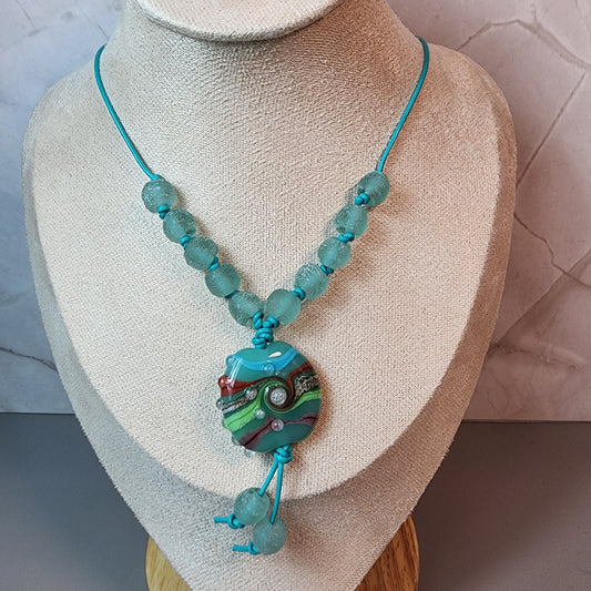 Aqua Swirl Lampwork And Glass Bead Necklace