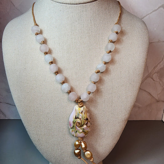Floral Garden Lampwork Pendant And Rose Quartz Necklace