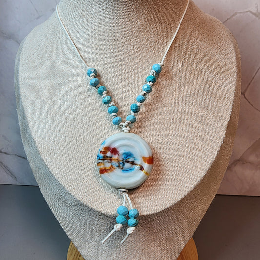 Blue Swirl Lampwork Pendant And Magnesite Necklace