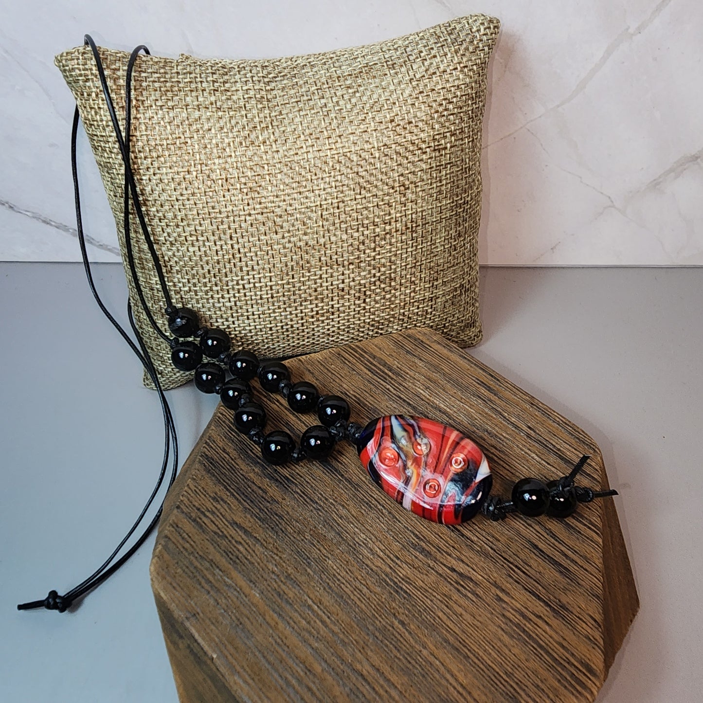 Red Swirl Lampwork Pendant And Black Onyx Necklace