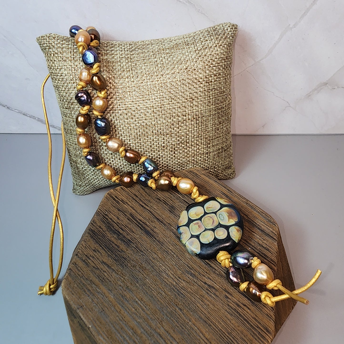 Raku Black Lampwork Pendant And Freshwater Pearl Necklace