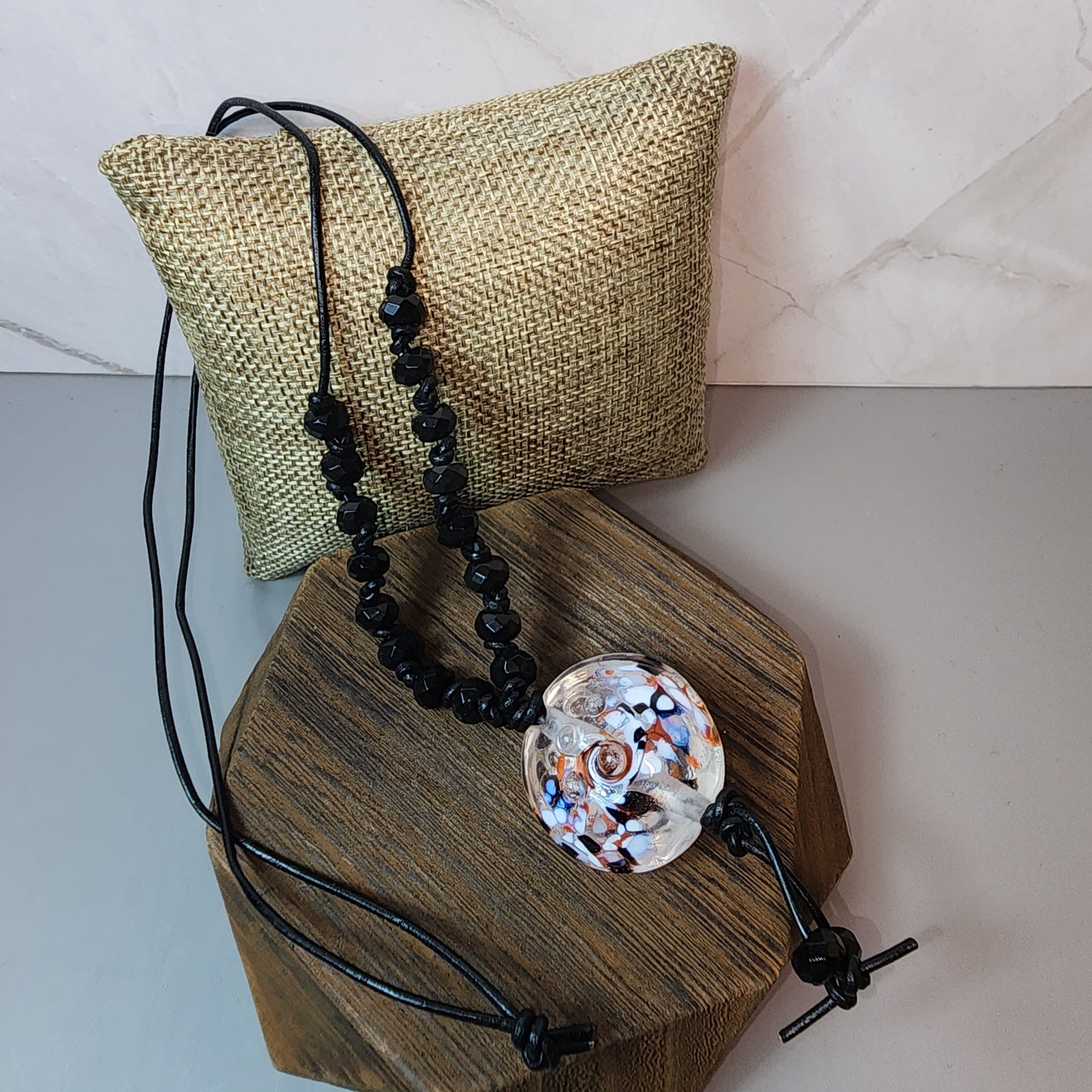 Black and Orange Swirl Lampwork Pendant and Black Onyx Necklace