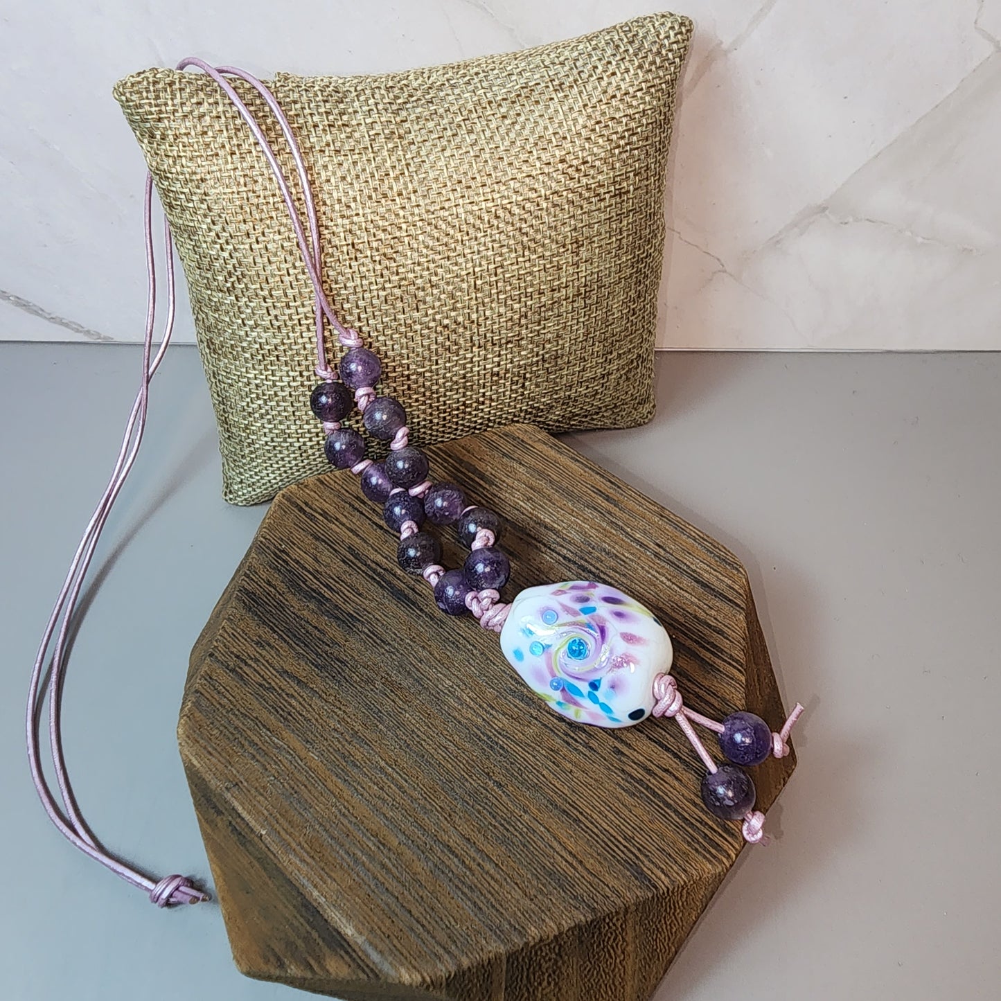 Purple Swirl Lampwork Pendant And Amethyst Necklace