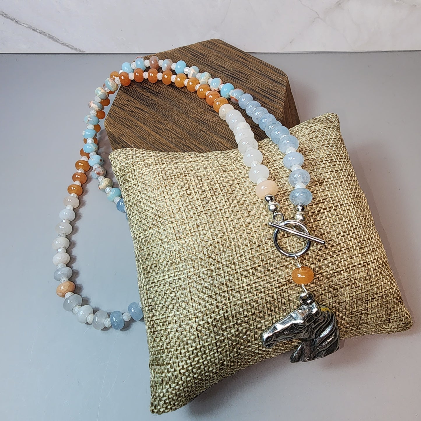 Multi Color Gemstone Necklace And Horse Pendant