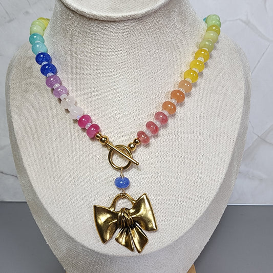 Multi Color Jade and Moonstone Necklace With Gold Bow Pendant