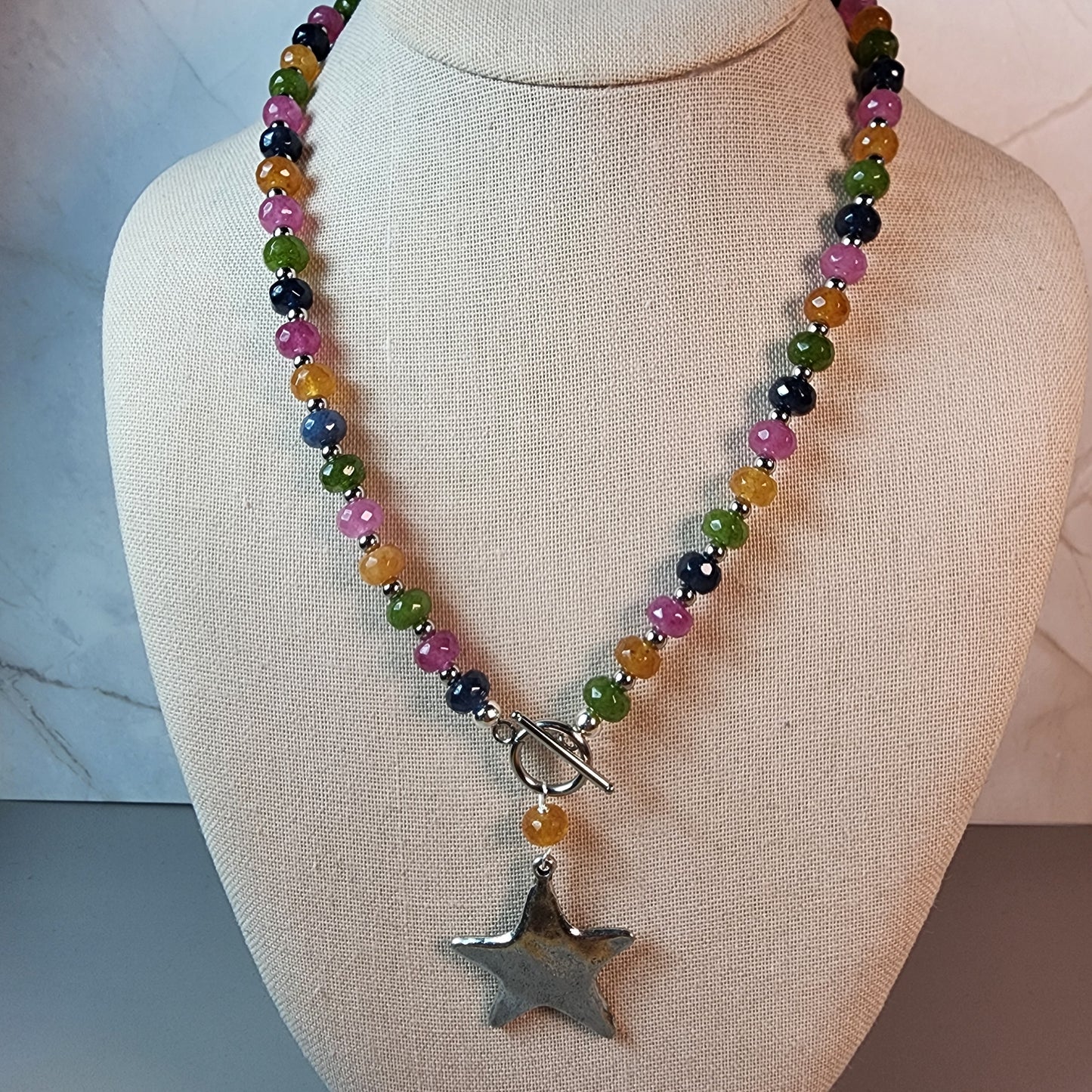Multi Color Jade Necklace With Star Pendant