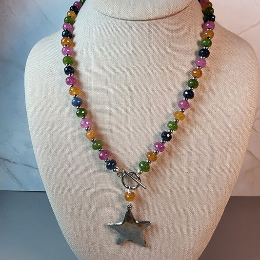 Multi Color Jade Necklace With Star Pendant