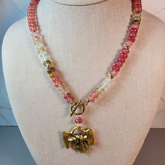 Cherry Quartz Necklace With Gold Bow Pendant