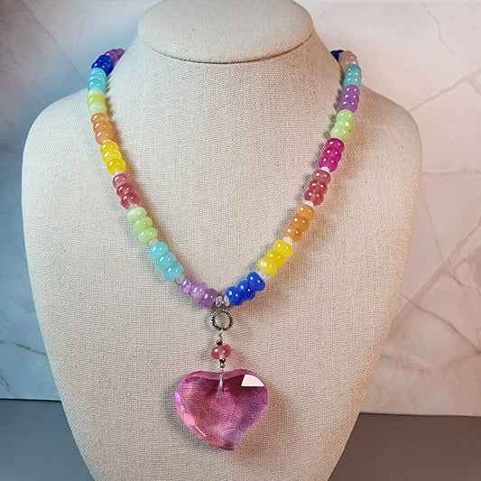Multi Color Jade And Moonstone With Crystal Heart Pendant