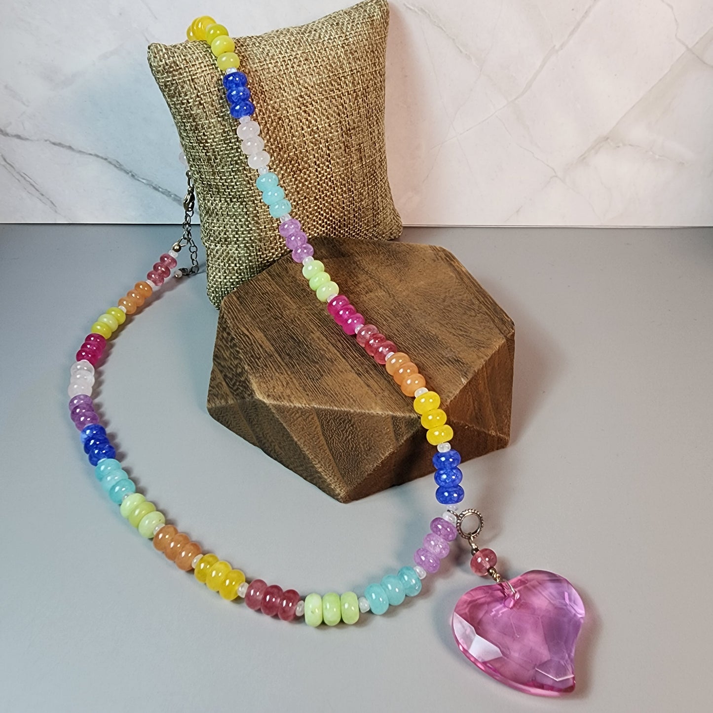 Multi Color Jade And Moonstone With Crystal Heart Pendant