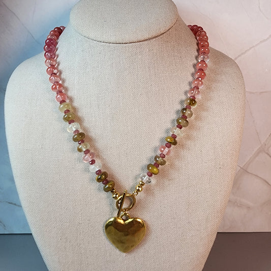 Strawberry And Cherry Quartz Necklace With Hammered Heart Pendant