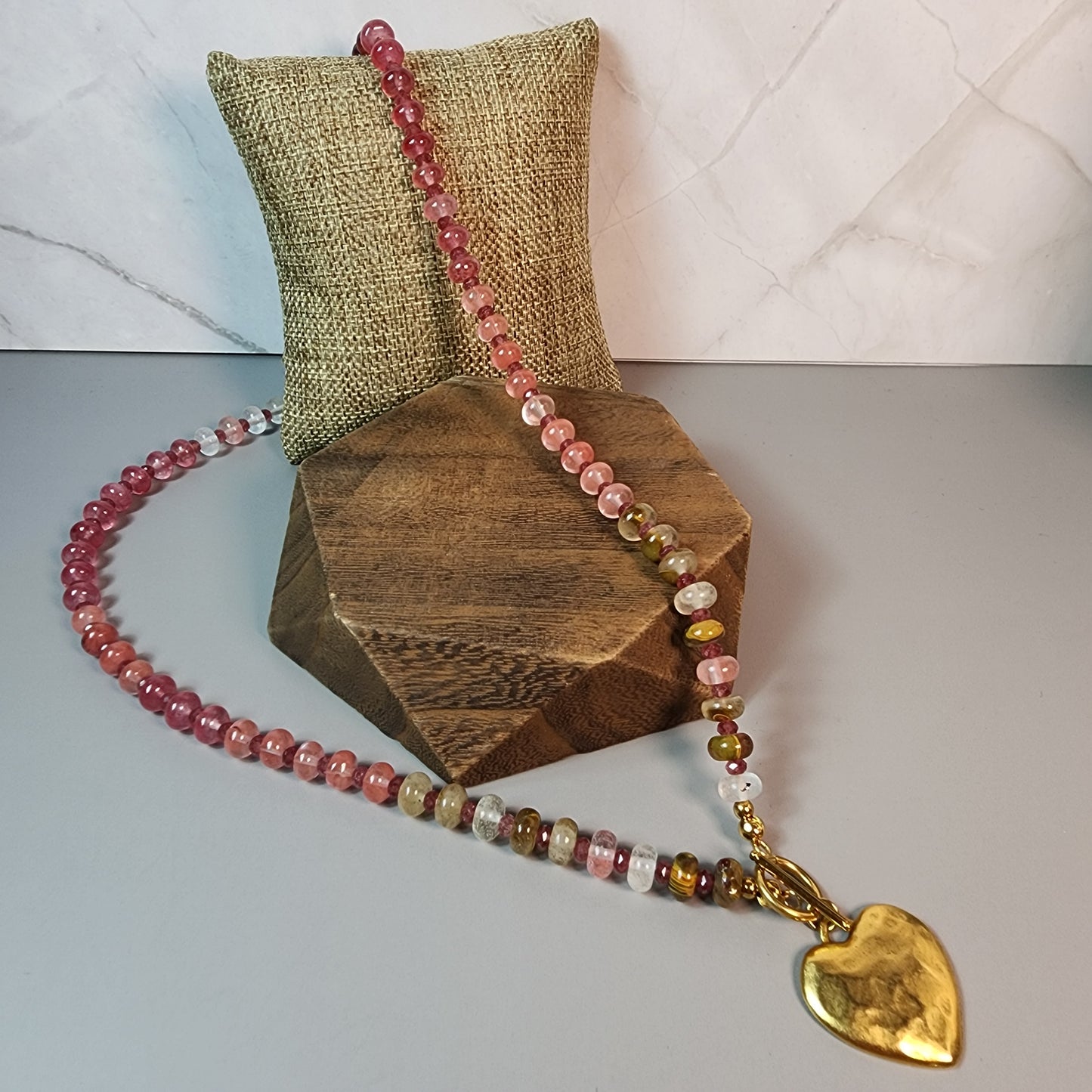 Strawberry And Cherry Quartz Necklace With Hammered Heart Pendant