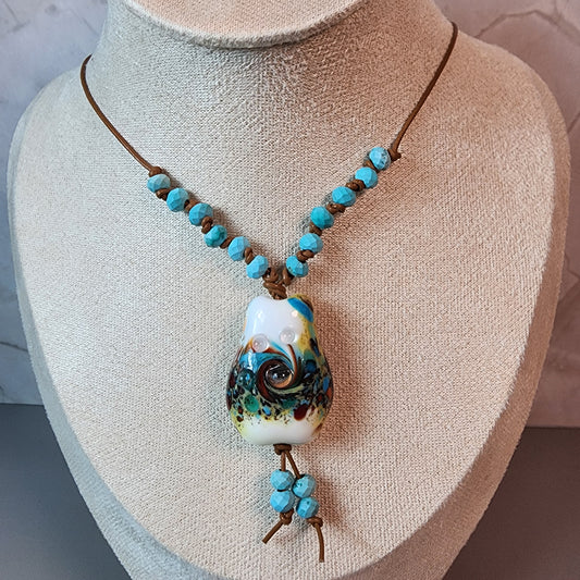 Antique Desert Lampwork Pendant With Magnesite Necklace