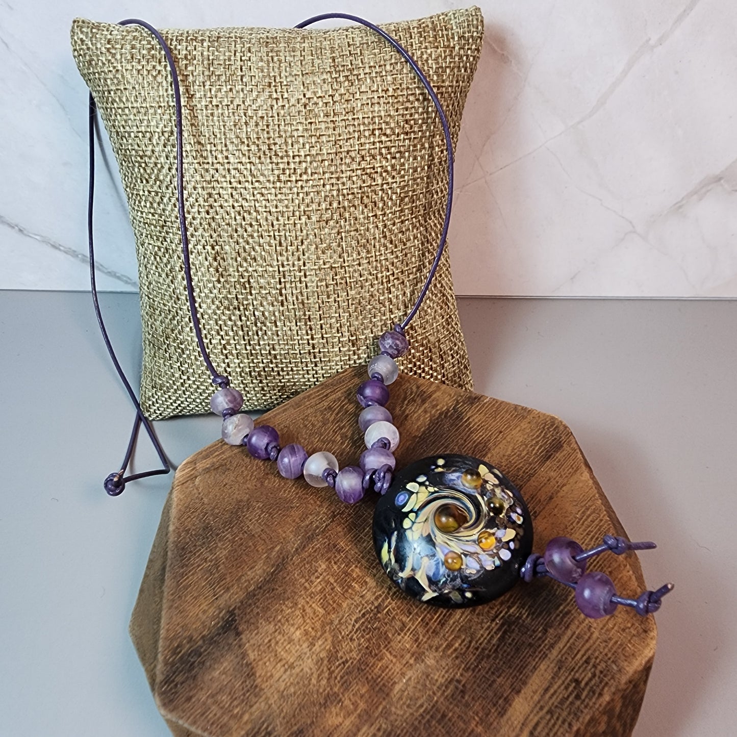 Black Purple Swirl Lampwork Pendant And Amethyst Necklace