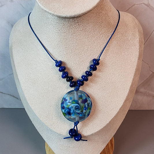 Blue Swirl Lampwork Pendant With Lapis Necklace