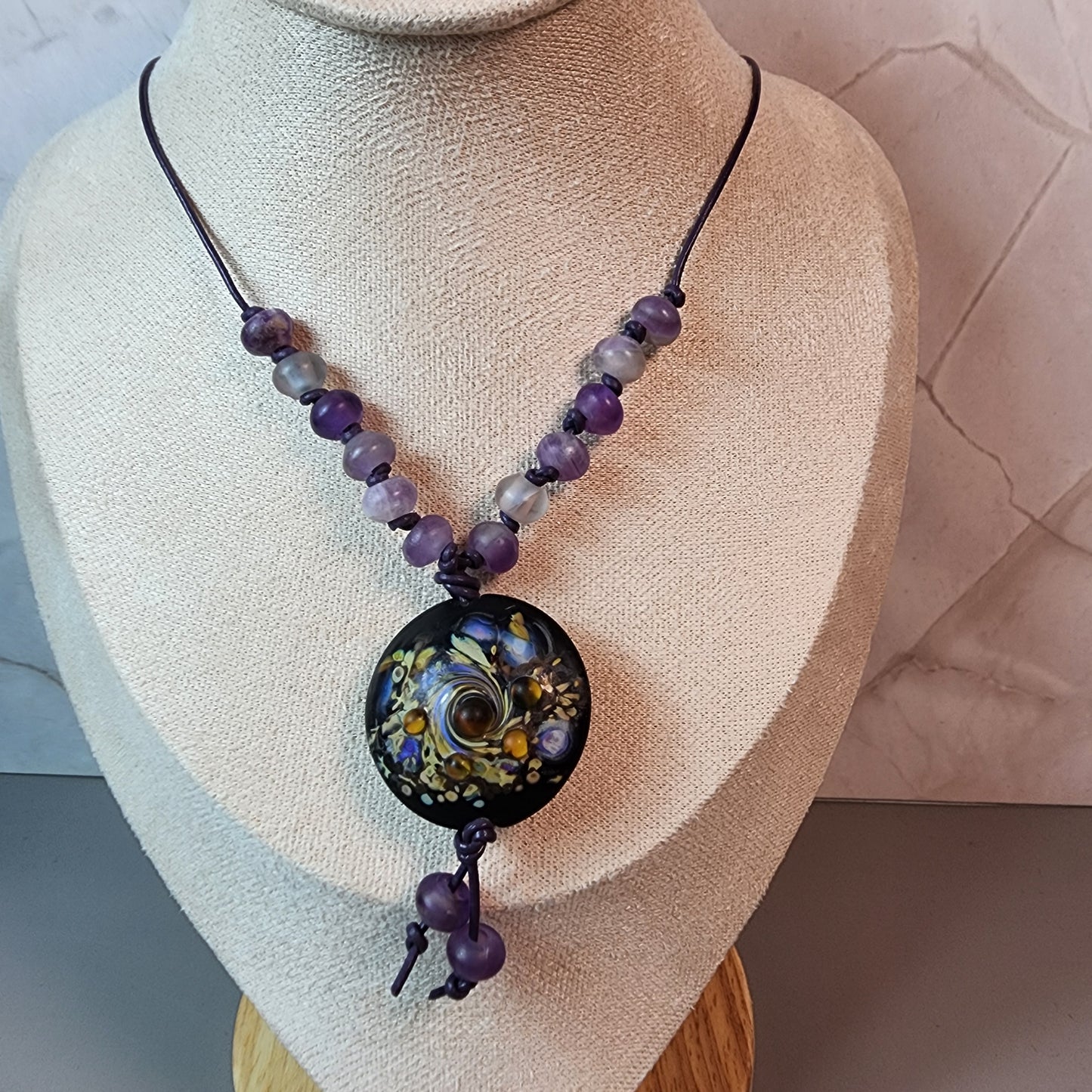 Black Purple Swirl Lampwork Pendant And Amethyst Necklace