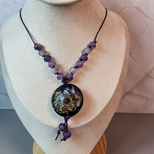 Black Purple Swirl Lampwork Pendant And Amethyst Necklace