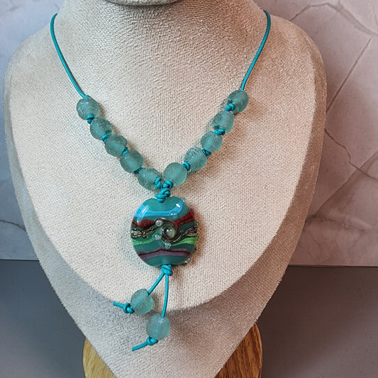 Aqua Swirl Lampwork And Glass Bead Necklace