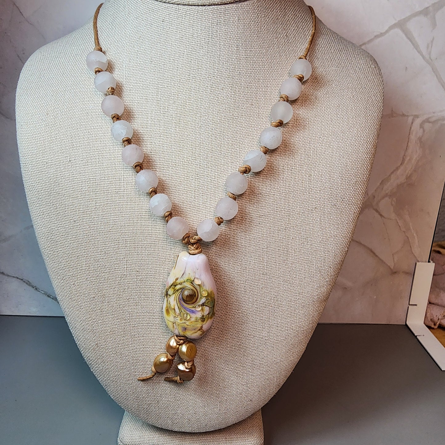 Floral Garden Lampwork Pendant And Rose Quartz Necklace