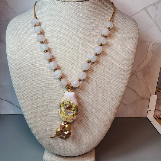 Floral Garden Lampwork Pendant And Rose Quartz Necklace