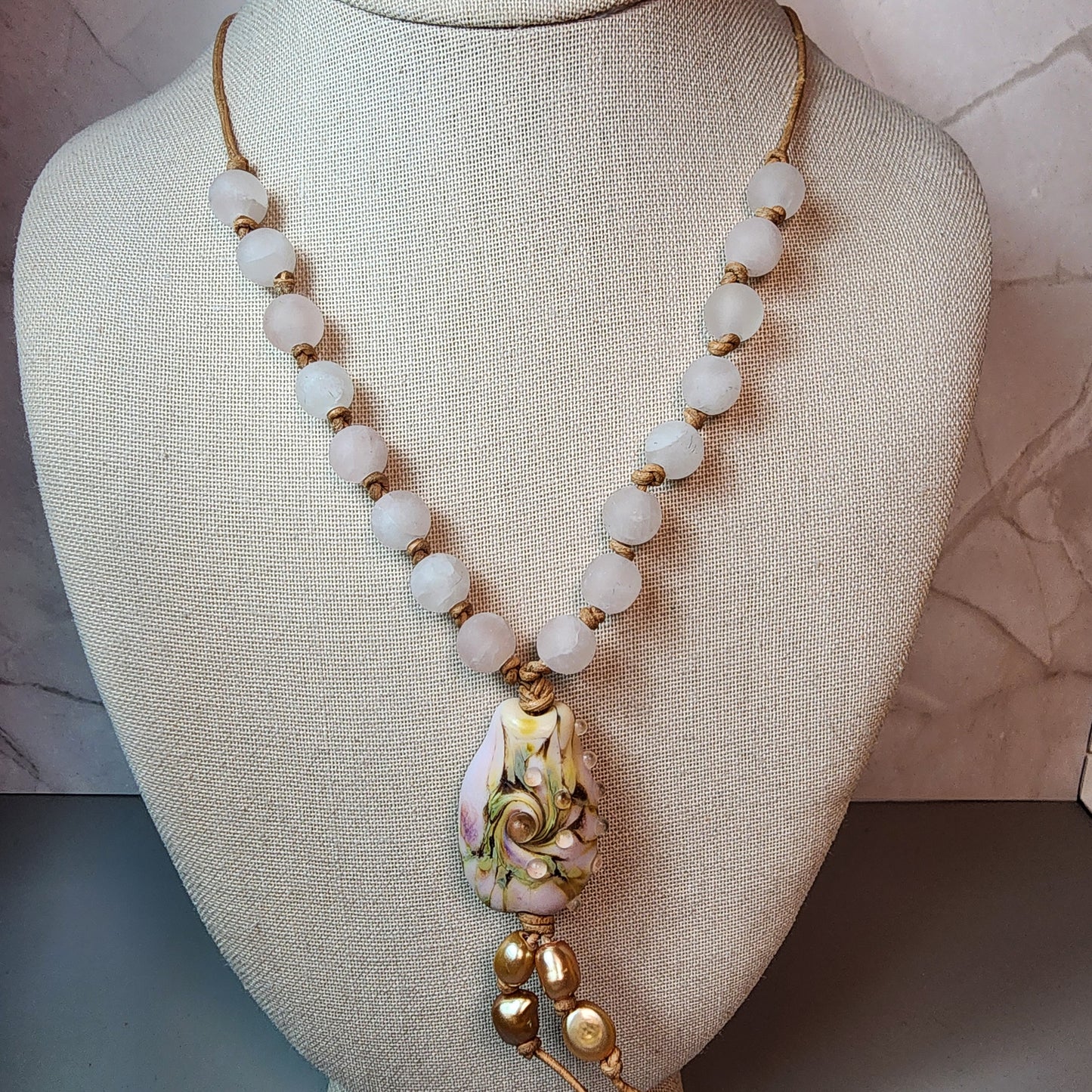 Floral Garden Lampwork Pendant And Rose Quartz Necklace