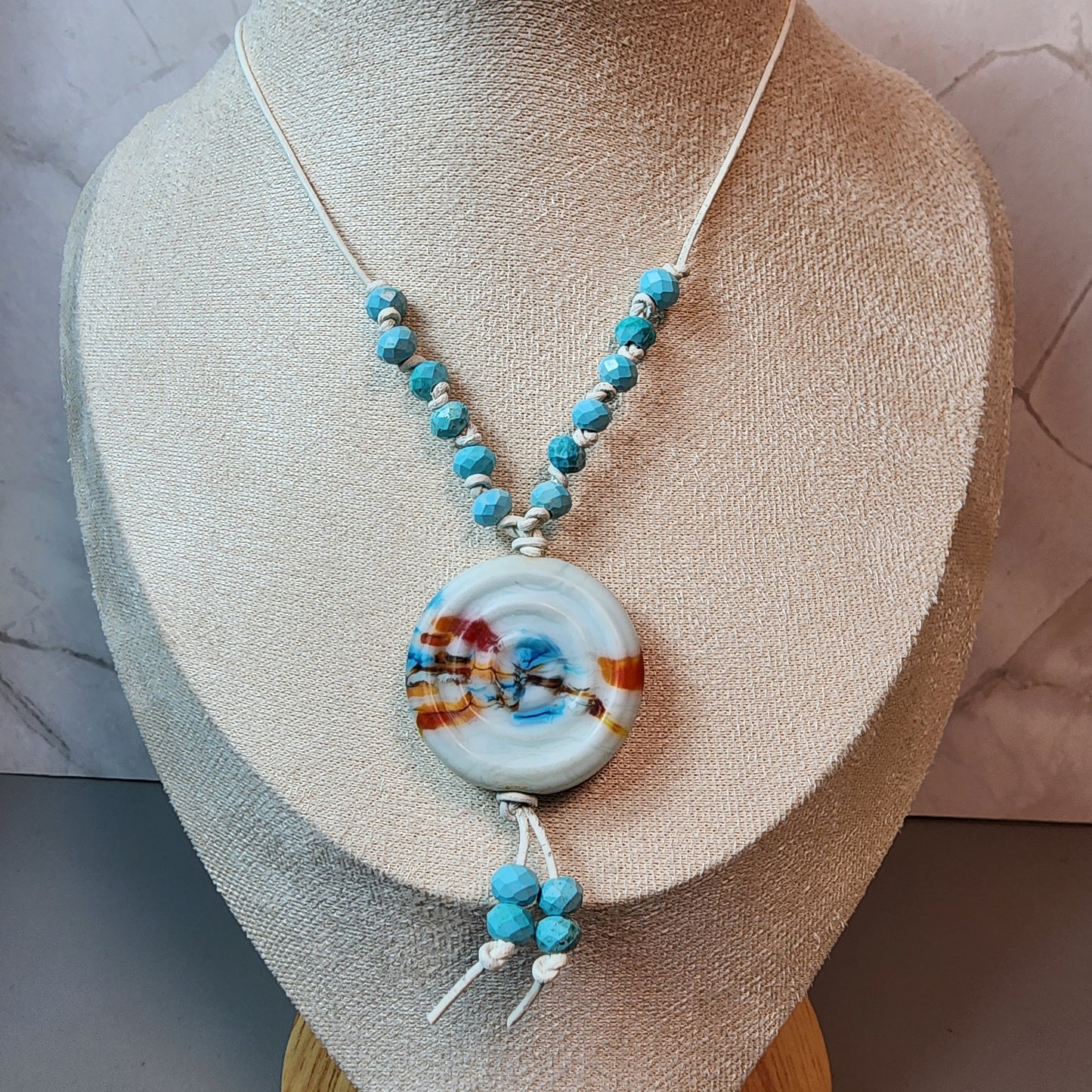 Blue Swirl Lampwork Pendant And Magnesite Necklace