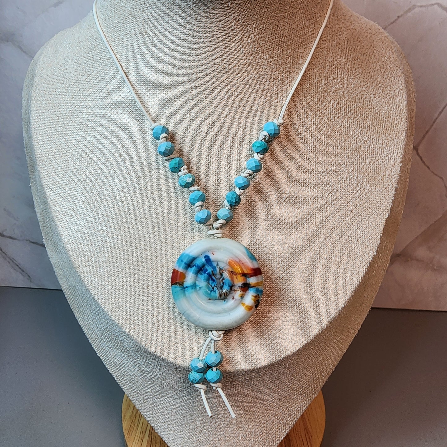 Blue Swirl Lampwork Pendant And Magnesite Necklace