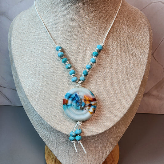 Blue Swirl Lampwork Pendant And Magnesite Necklace