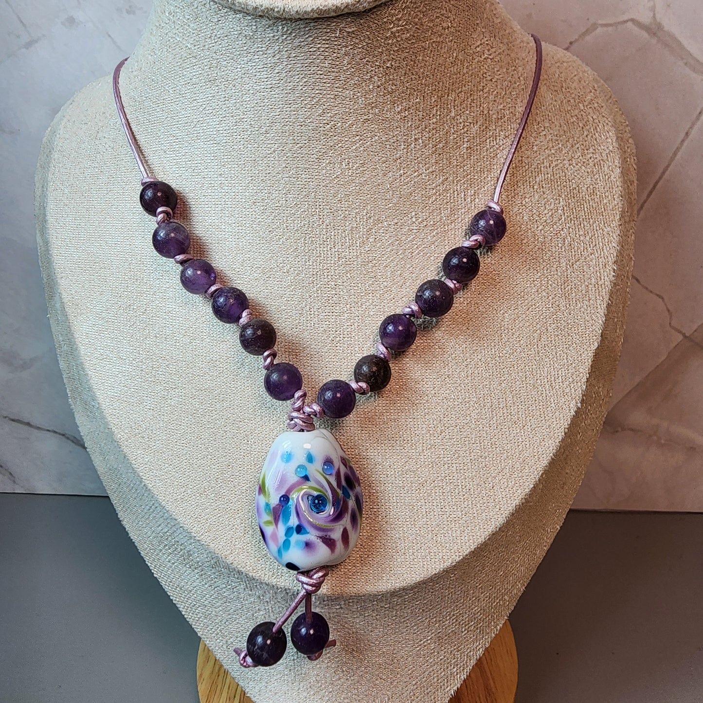 Purple Swirl Lampwork Pendant And Amethyst Necklace
