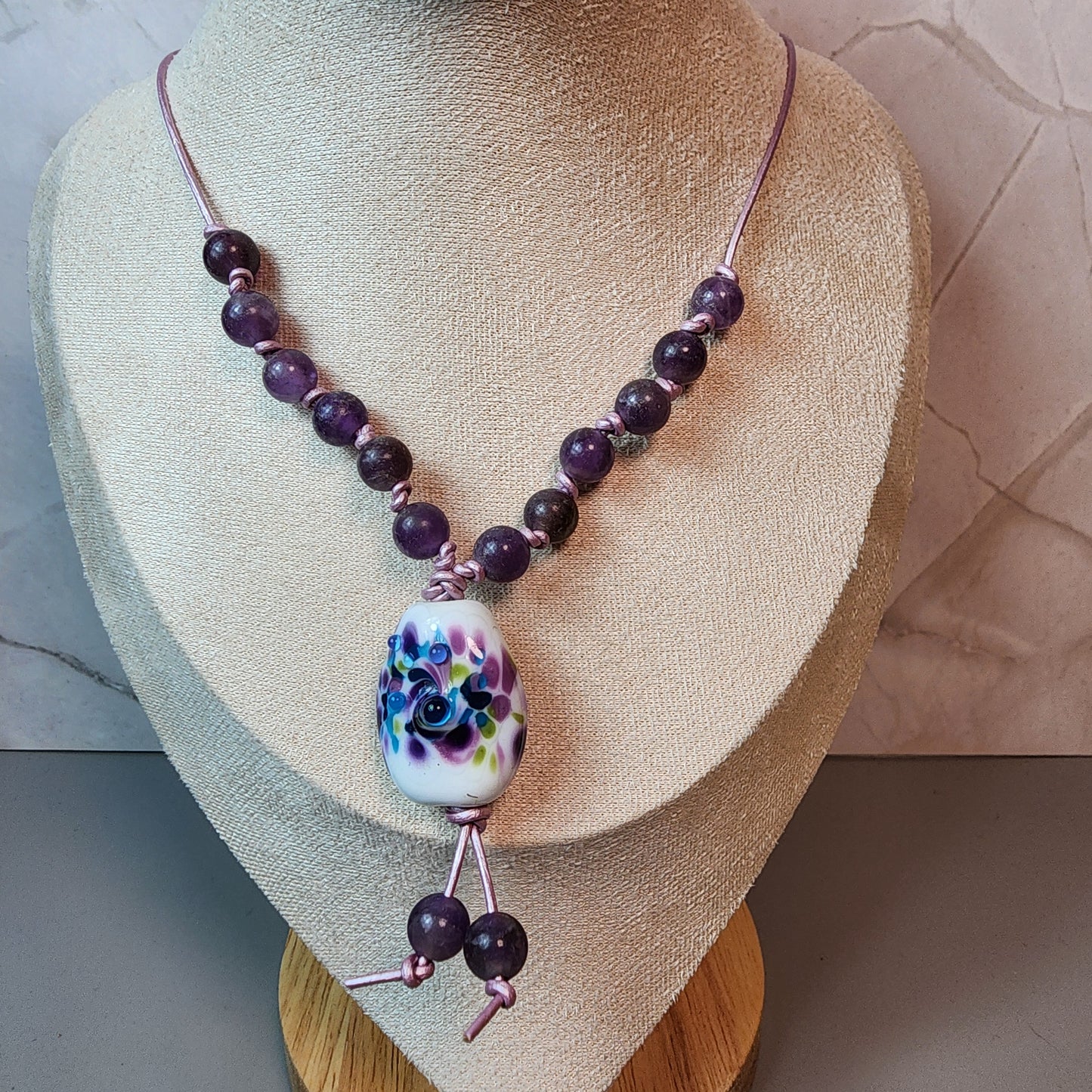 Purple Swirl Lampwork Pendant And Amethyst Necklace