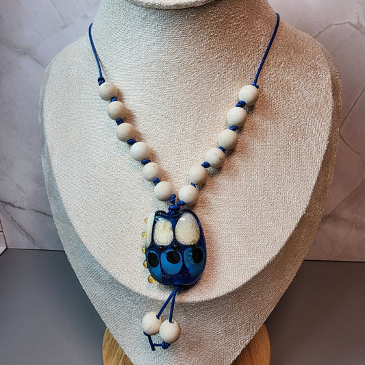 Organic Blue Lampwork Pendant And Fossil Coral Necklace