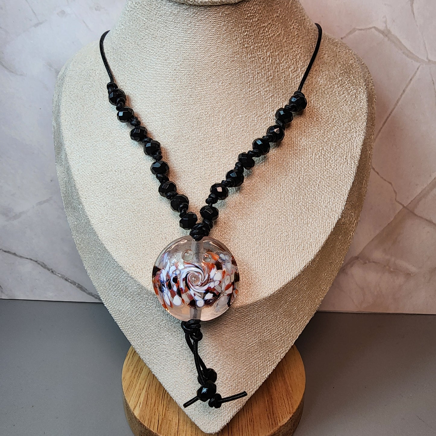 Black and Orange Swirl Lampwork Pendant and Black Onyx Necklace