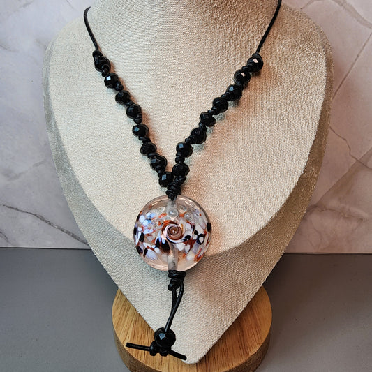 Black and Orange Swirl Lampwork Pendant and Black Onyx Necklace