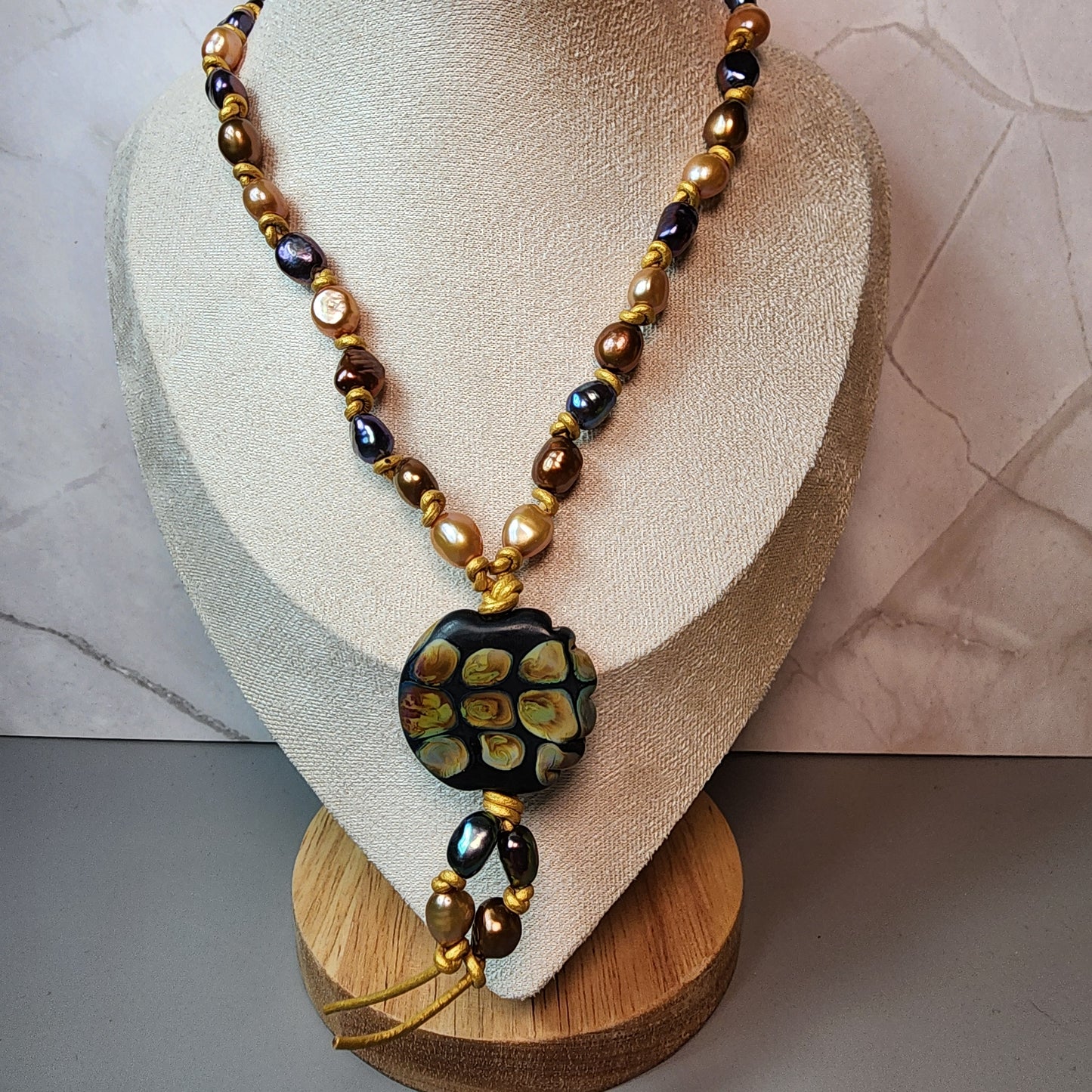 Raku Black Lampwork Pendant And Freshwater Pearl Necklace