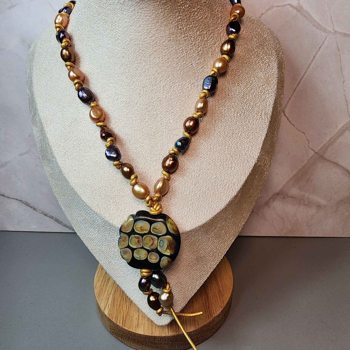Raku Black Lampwork Pendant And Freshwater Pearl Necklace