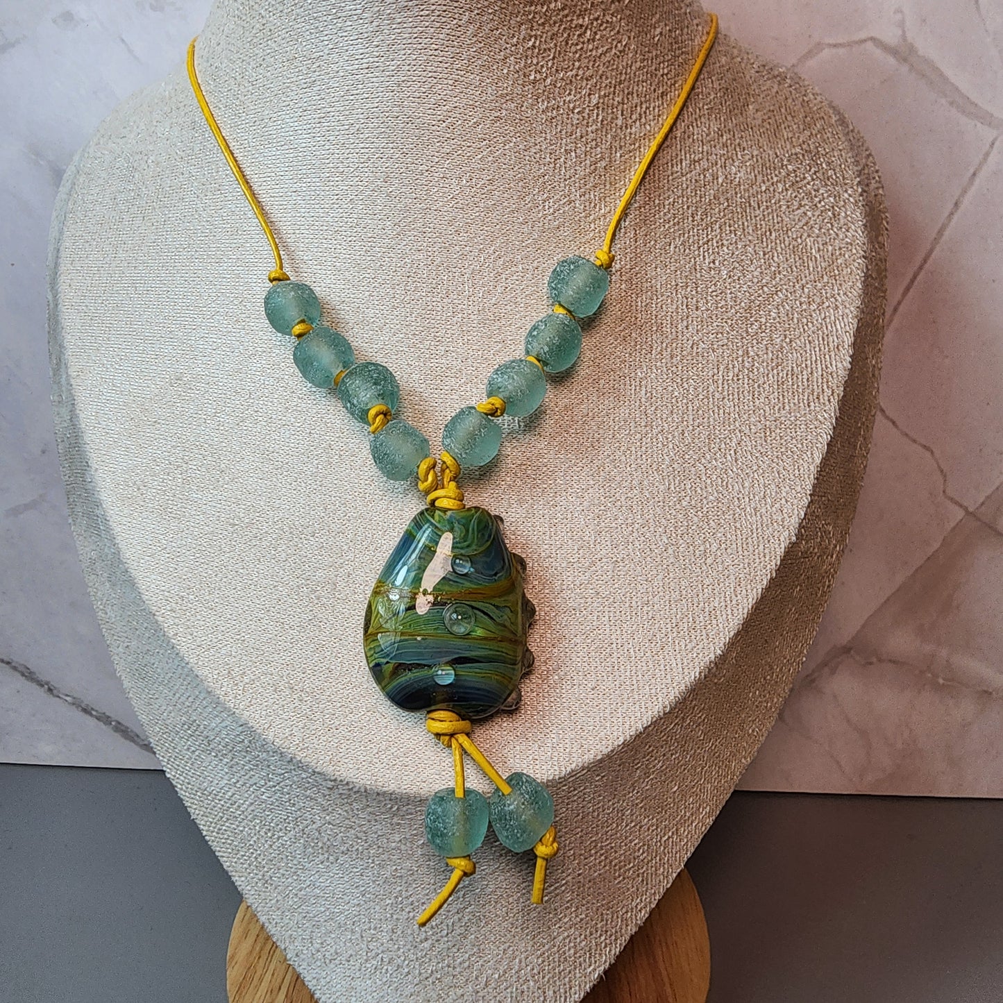 Golden Swirl Lampwork And Glass Necklace