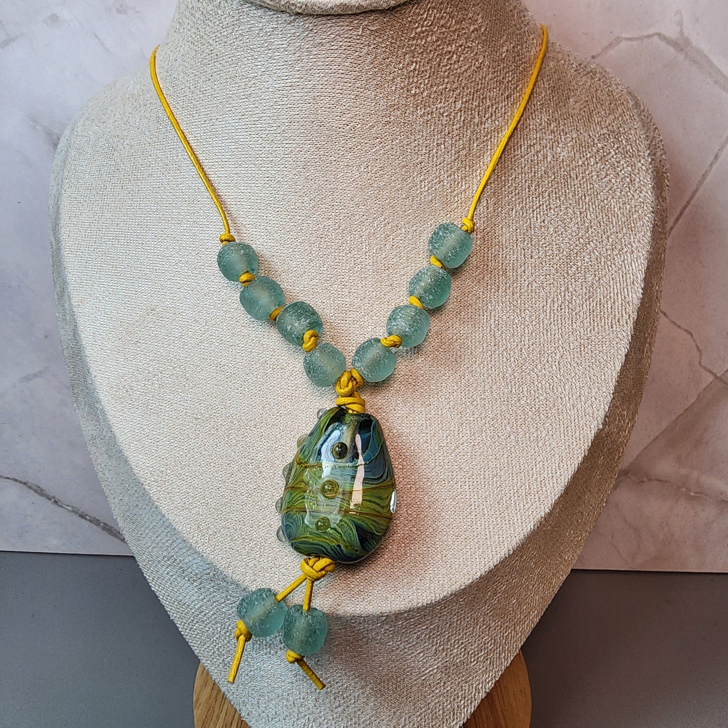Golden Swirl Lampwork And Glass Necklace