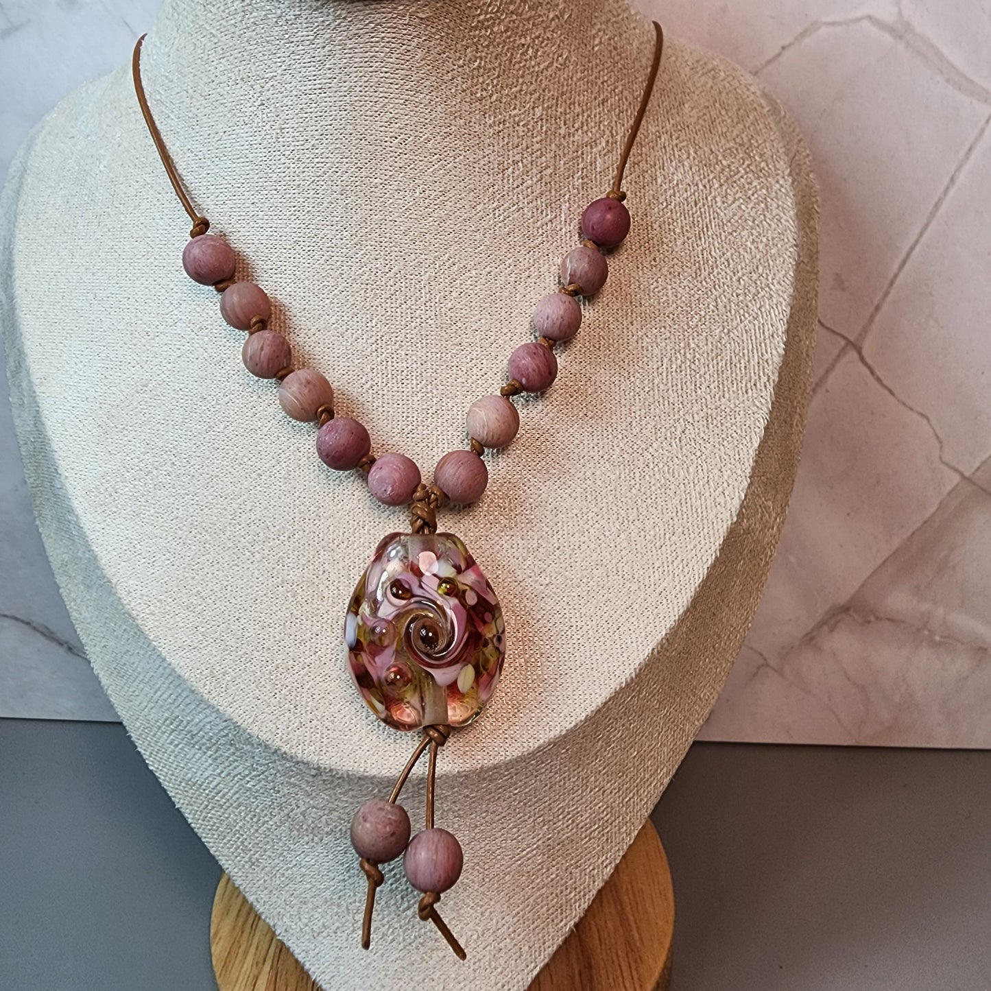 Rose Blend Lampwork Pendant With Rhodonite Necklace
