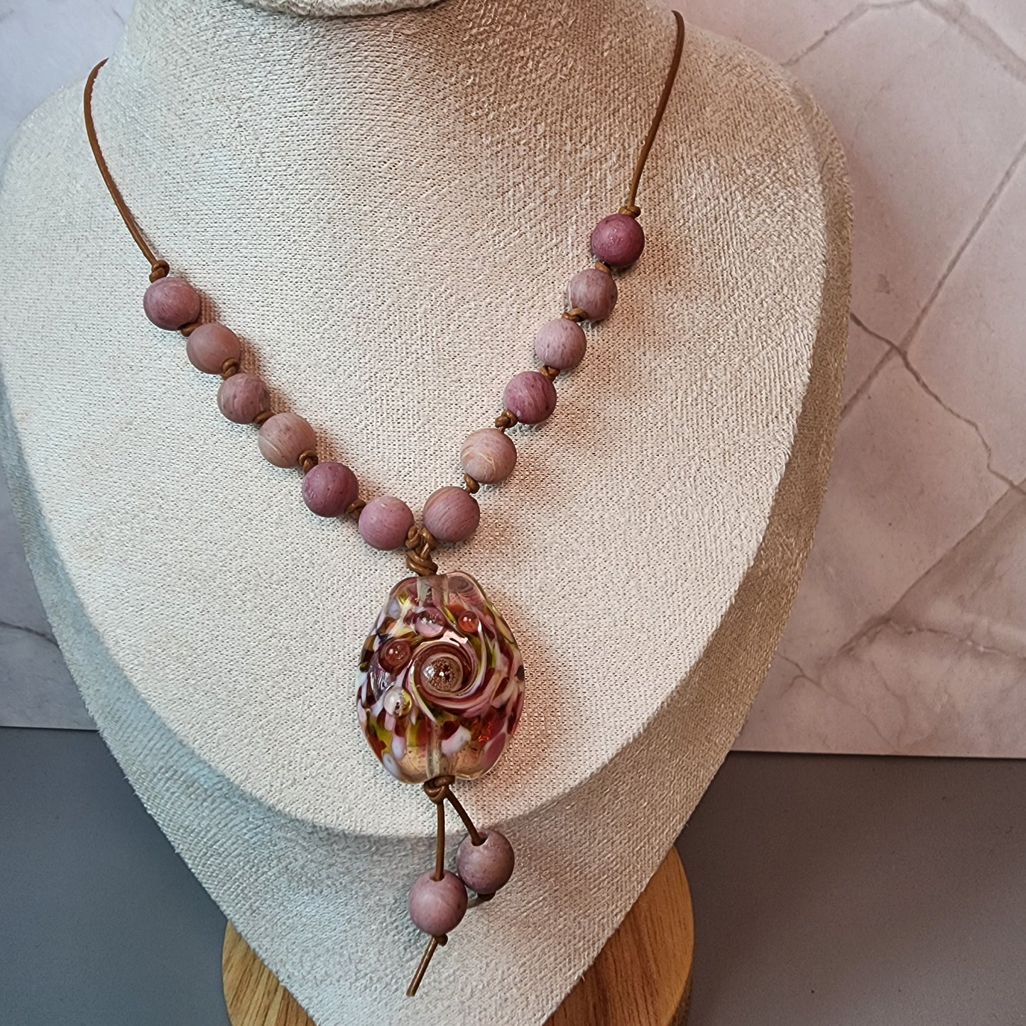 Rose Blend Lampwork Pendant With Rhodonite Necklace