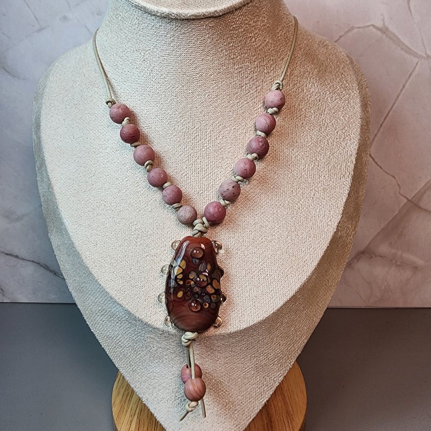 Antique Rose Lampwork Pendant And Rhodonite Necklace