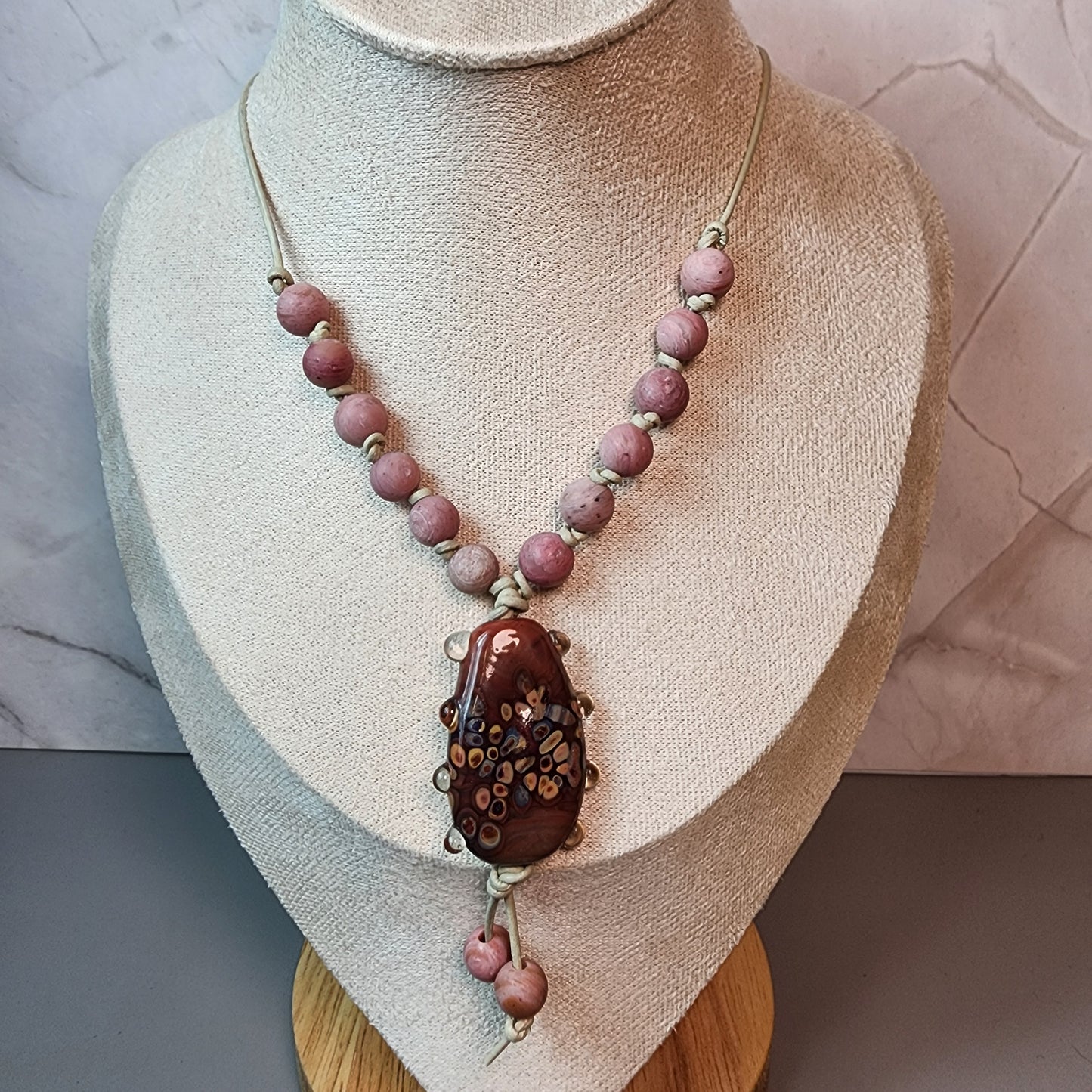 Antique Rose Lampwork Pendant And Rhodonite Necklace