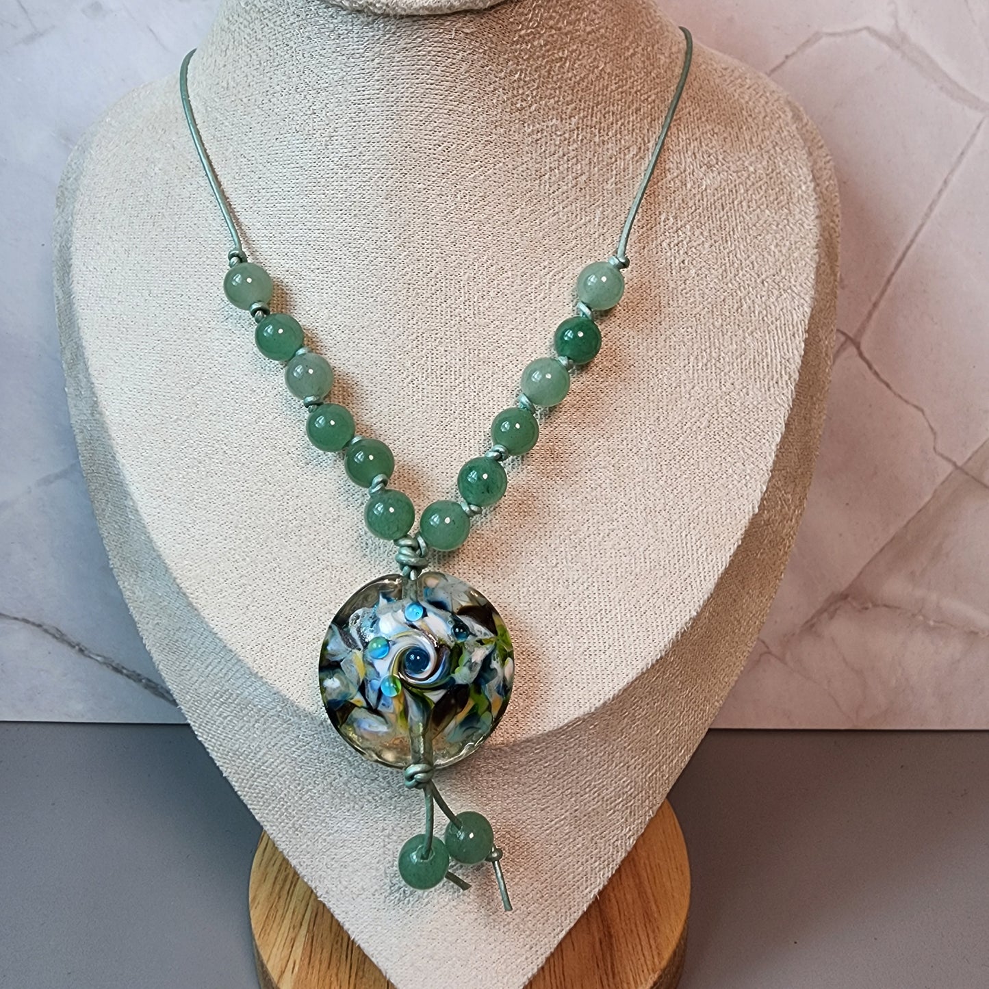 Green Path Lampwork Pendant and Green Aventurine Necklace