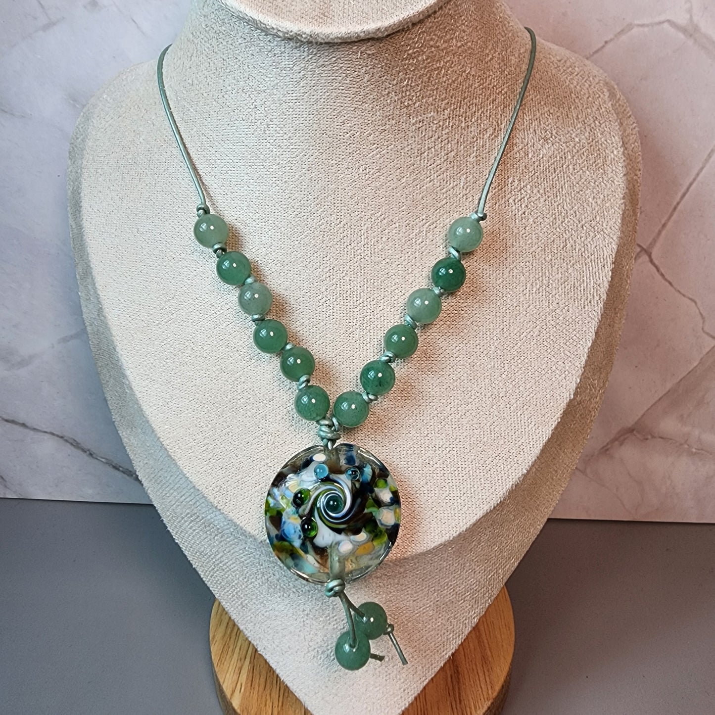 Green Path Lampwork Pendant and Green Aventurine Necklace